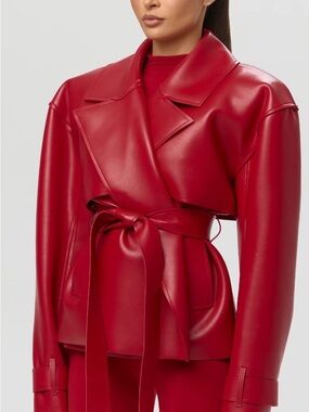 naked wardrobe Red Faux-Leather Wrap Belted Jacket